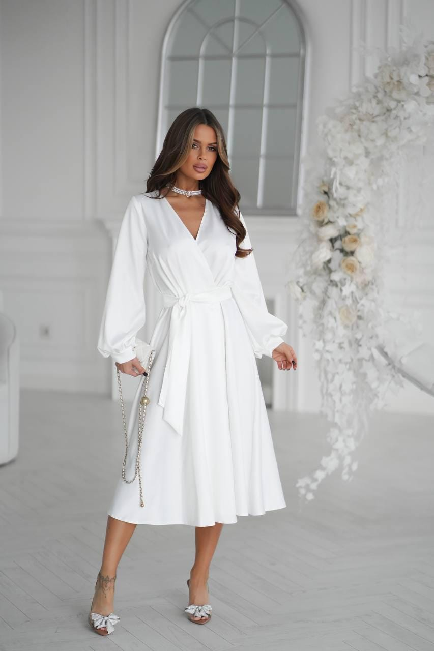 Elegant White Wrap Midi Dress with Long Bishop Sleeves and Tie Waist