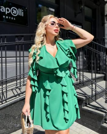 Elegant Emerald Green Ruffle Wrap Mini Dress with Flutter Sleeves