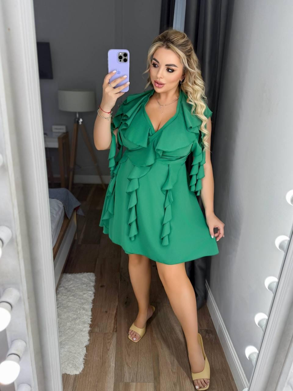 Elegant Emerald Green Ruffle Wrap Mini Dress with Flutter Sleeves