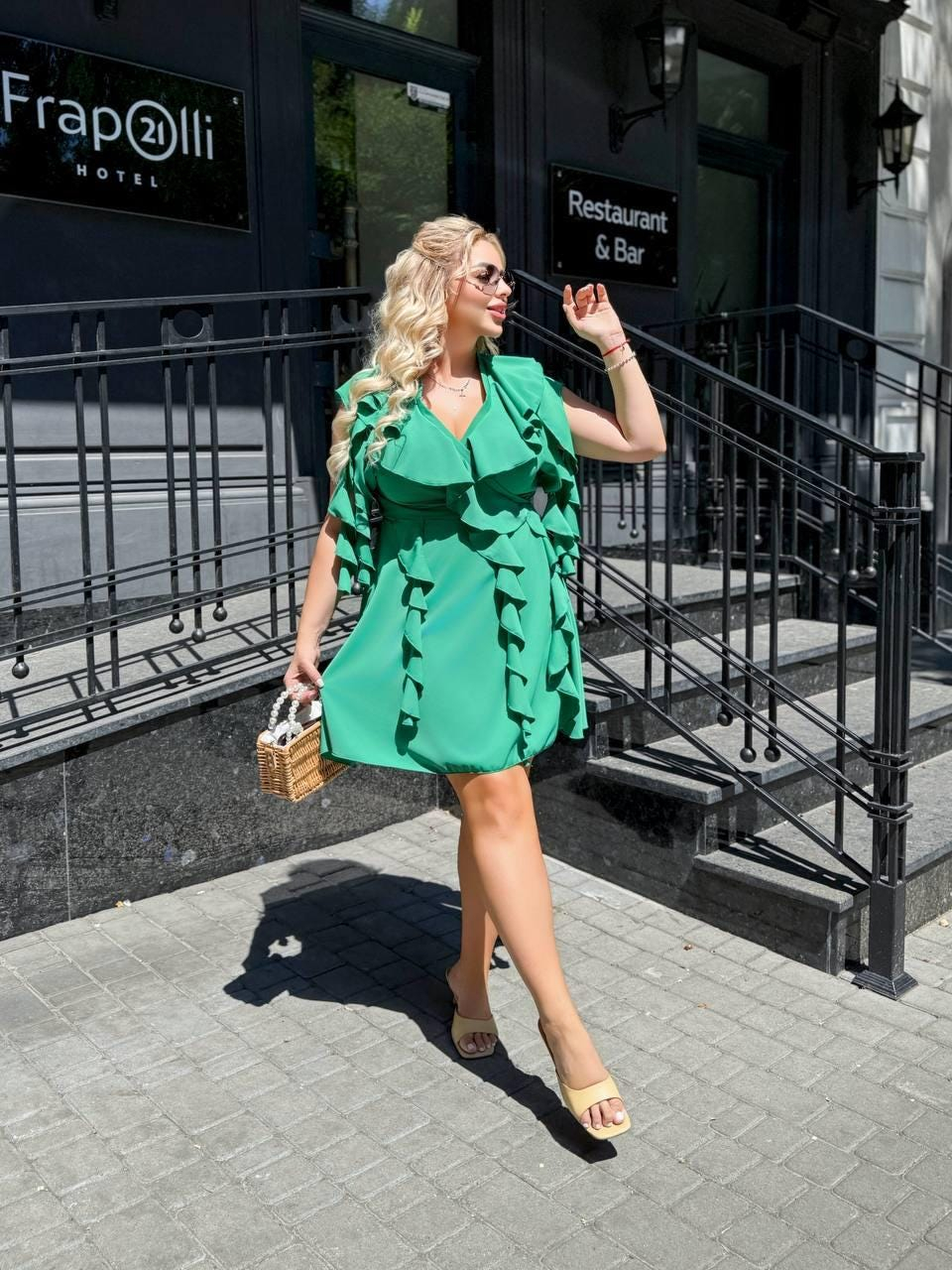 Elegant Emerald Green Ruffle Wrap Mini Dress with Flutter Sleeves