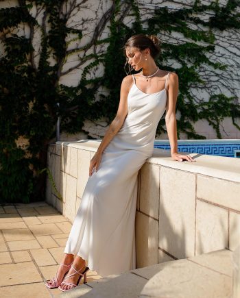 Elegant Ivory Satin Slip Maxi Dress with Cowl Neckline