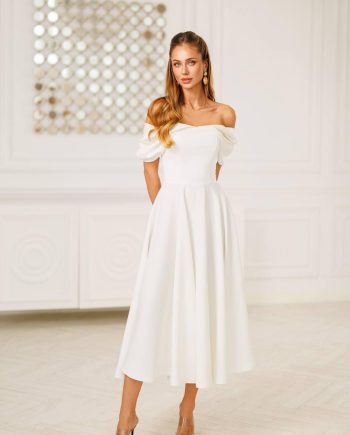Elegant White Off Shoulder A-Line Midi Dress with Puff Sleeves