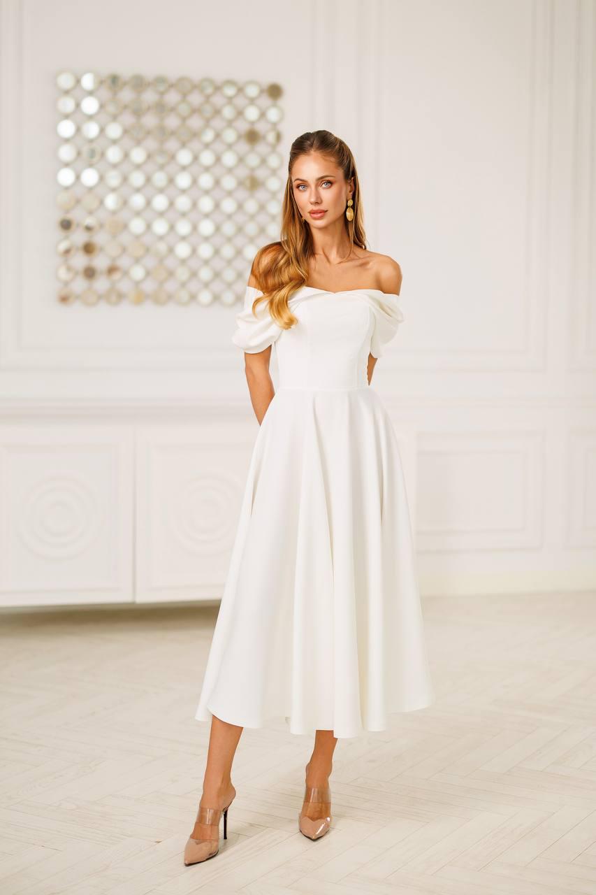 Elegant White Off Shoulder A-Line Midi Dress with Puff Sleeves
