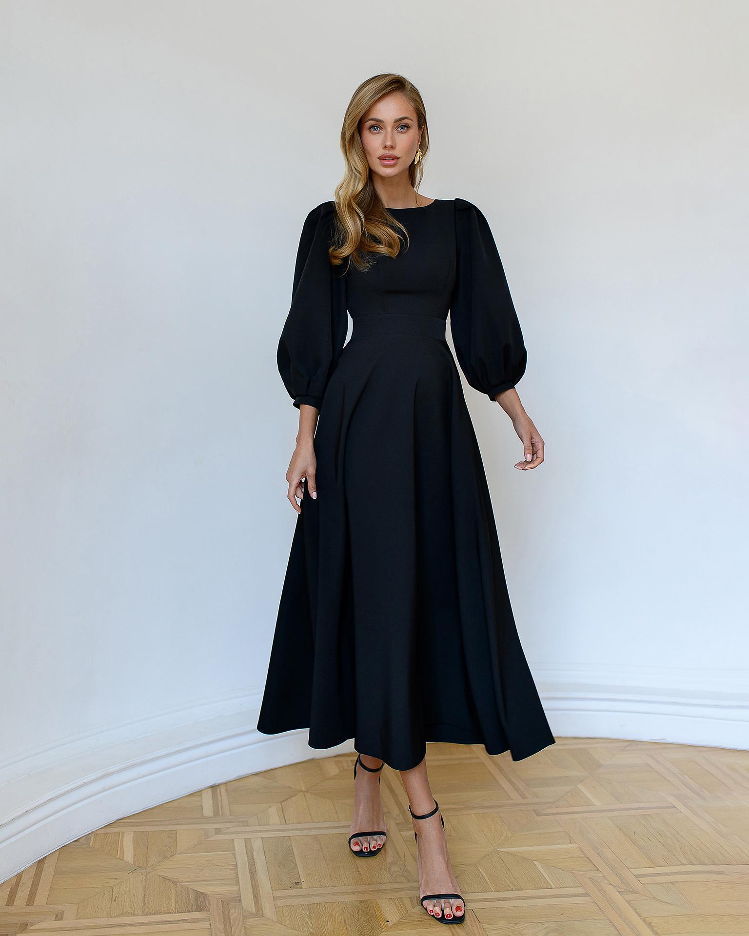 Elegant Black Long Sleeve A-Line Midi Dress with Puff Sleeves