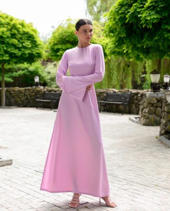 Elegant Light Pink Long Sleeve A-Line Maxi Dress with Flared Cuffs