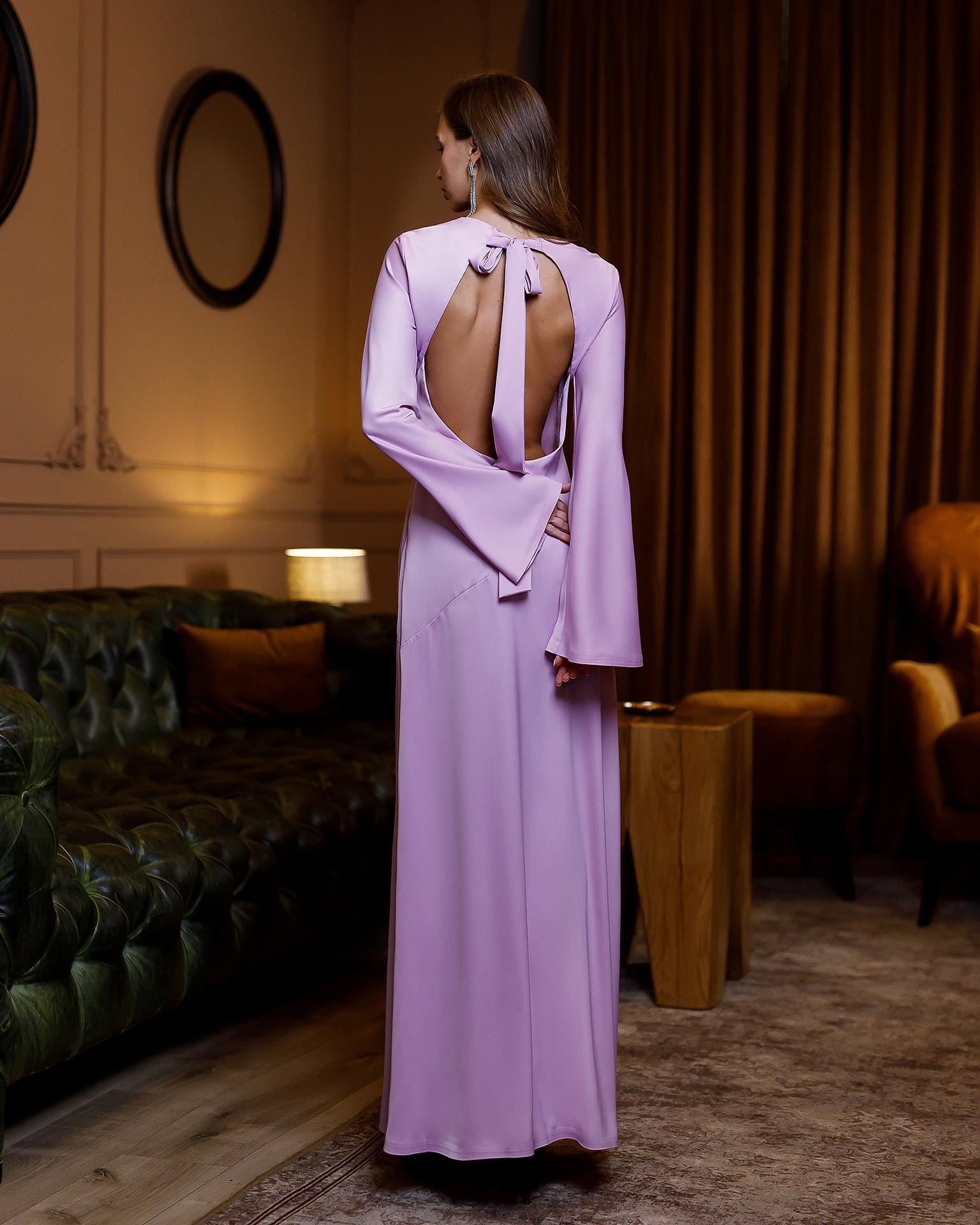 Elegant Light Pink Long Sleeve A-Line Maxi Dress with Flared Cuffs