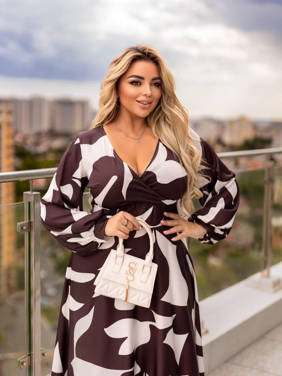 Brown and White Abstract Print Maxi Dress with V-Neck and Long Sleeves