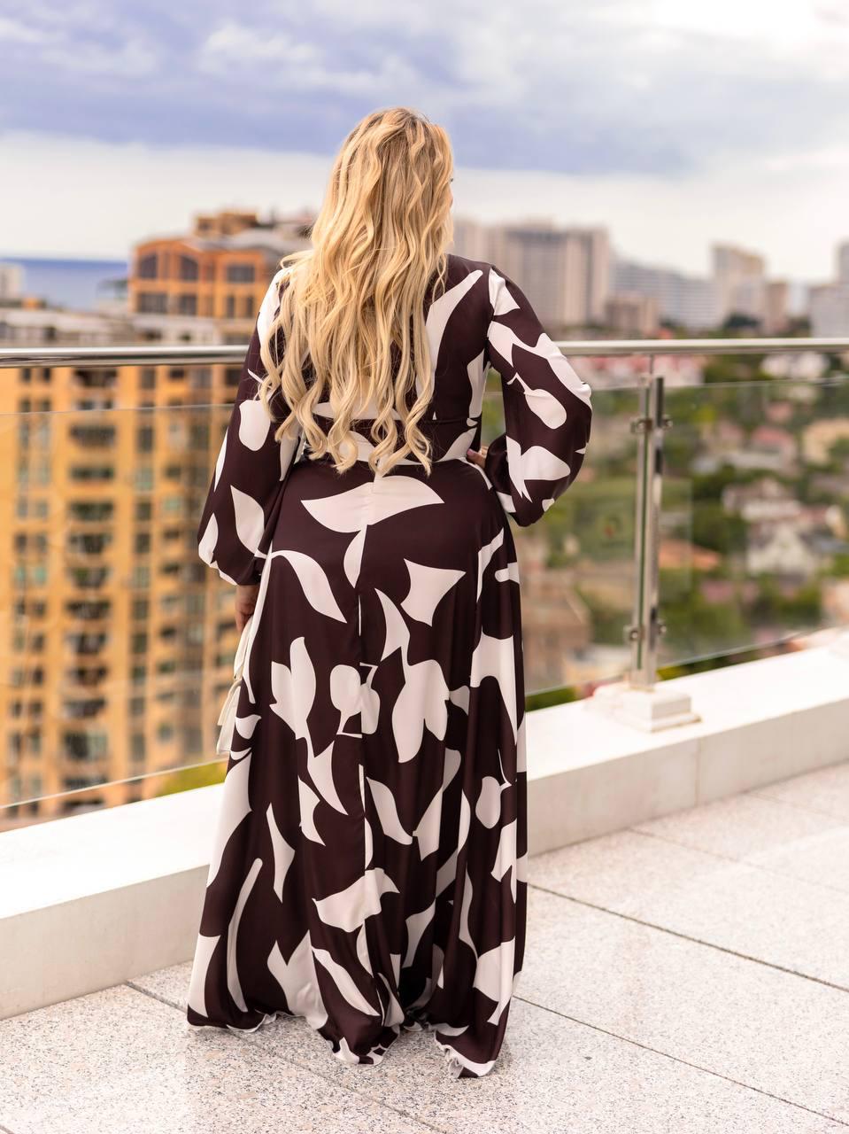 Brown and White Abstract Print Maxi Dress with V-Neck and Long Sleeves