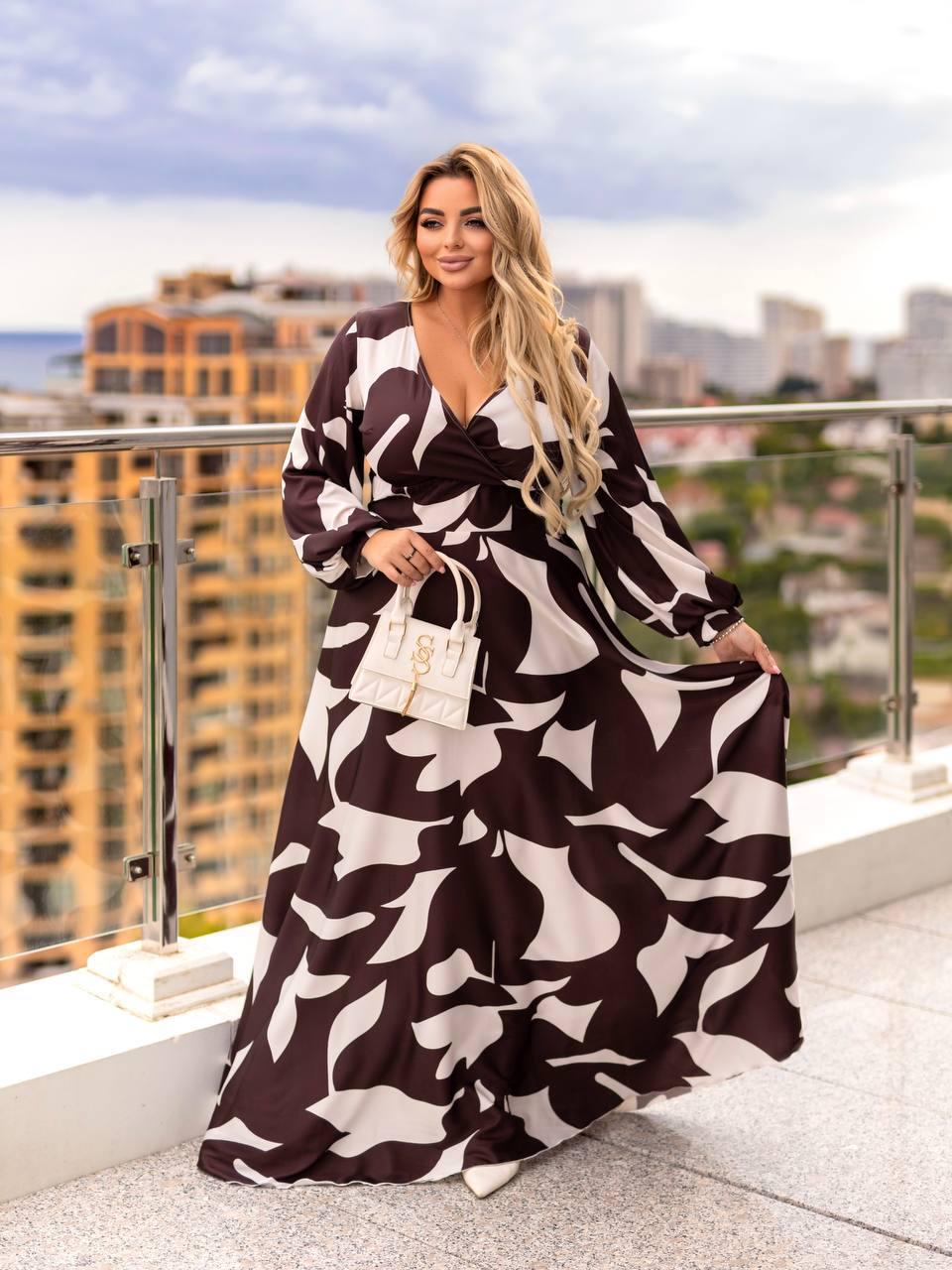 Brown and White Abstract Print Maxi Dress with V-Neck and Long Sleeves
