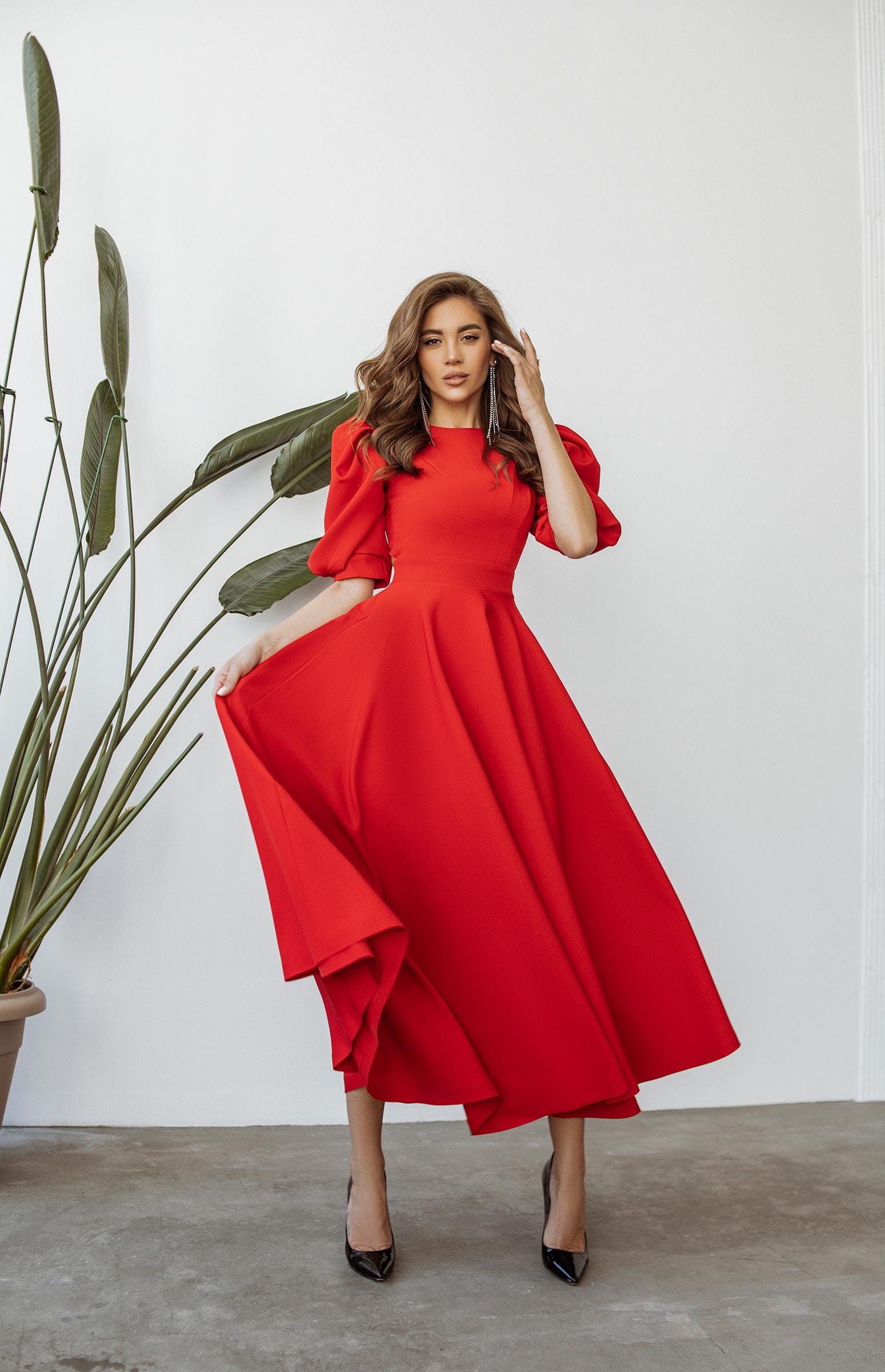 Elegant Red A-Line Midi Dress with Puff Sleeves and Flowy Skirt