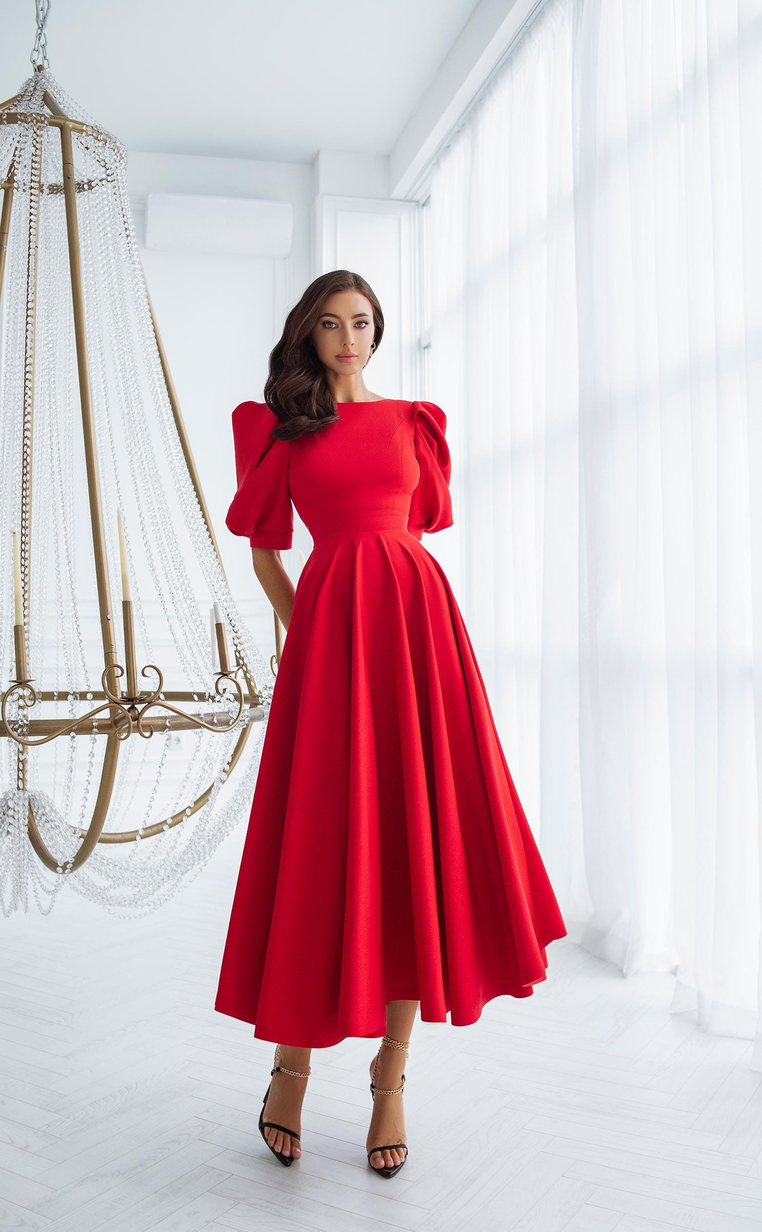 Elegant Red A-Line Midi Dress with Puff Sleeves and Flowy Skirt