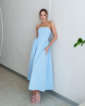 Elegant Light Blue Strapless A-Line Midi Dress