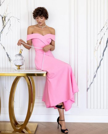Elegant Pink Off Shoulder Corset Midi Dress with Flowy A-Line Skirt