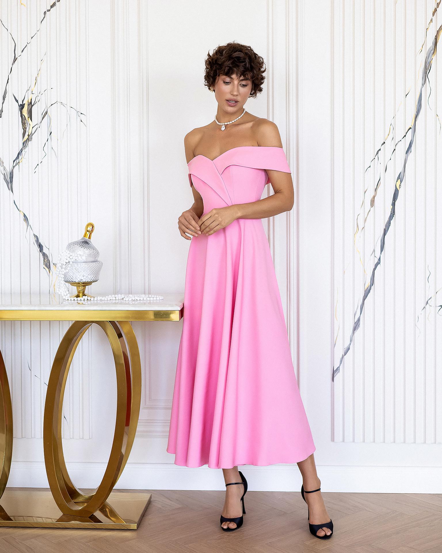 Elegant Pink Off Shoulder Corset Midi Dress with Flowy A-Line Skirt