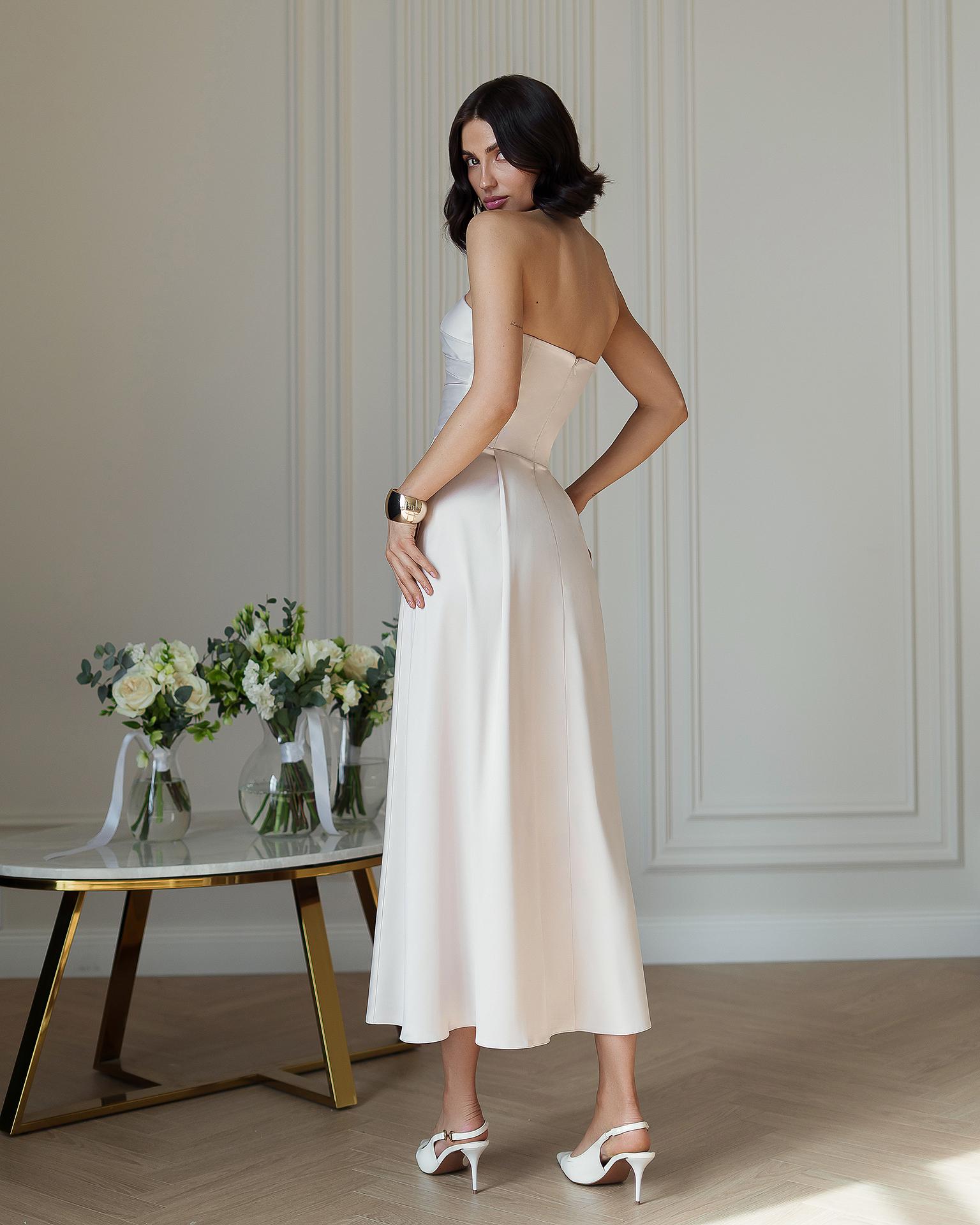 Elegant Ivory Strapless A-Line Midi Dress with Pleated Bodice